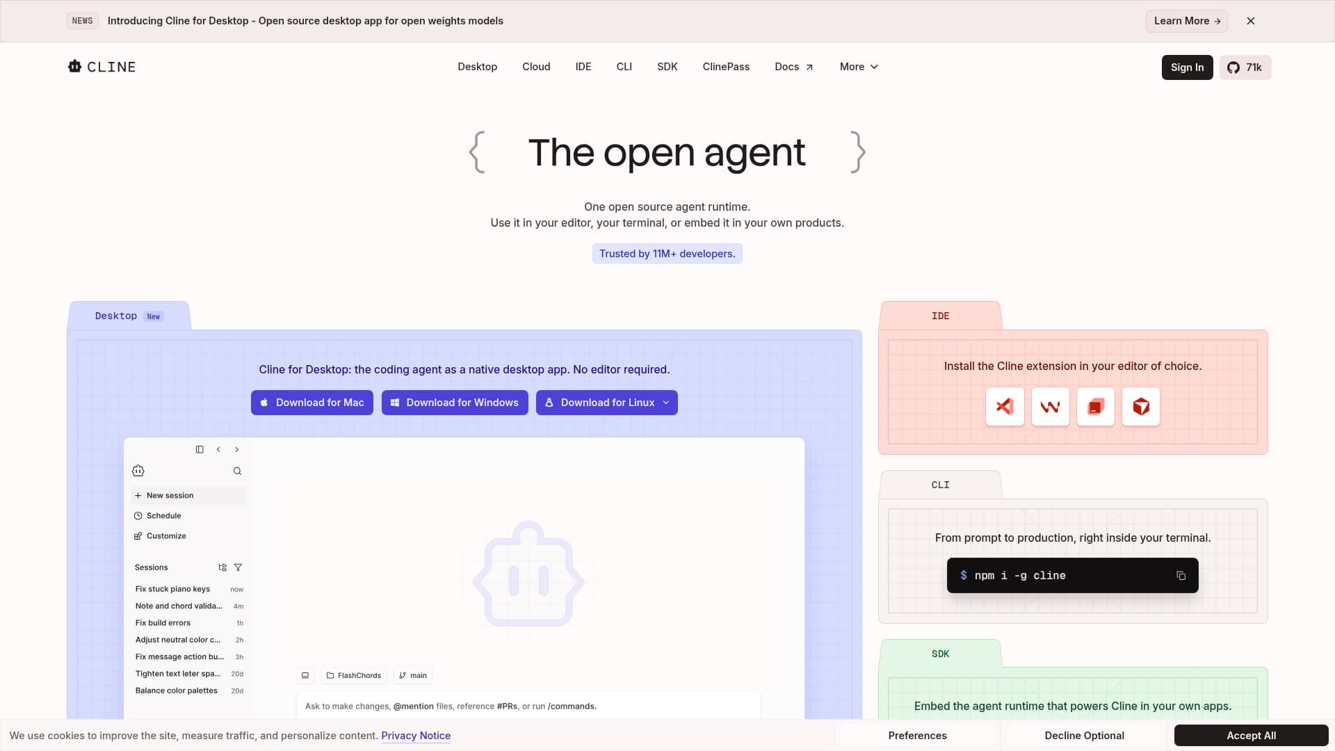 Screenshot of the Cline website
