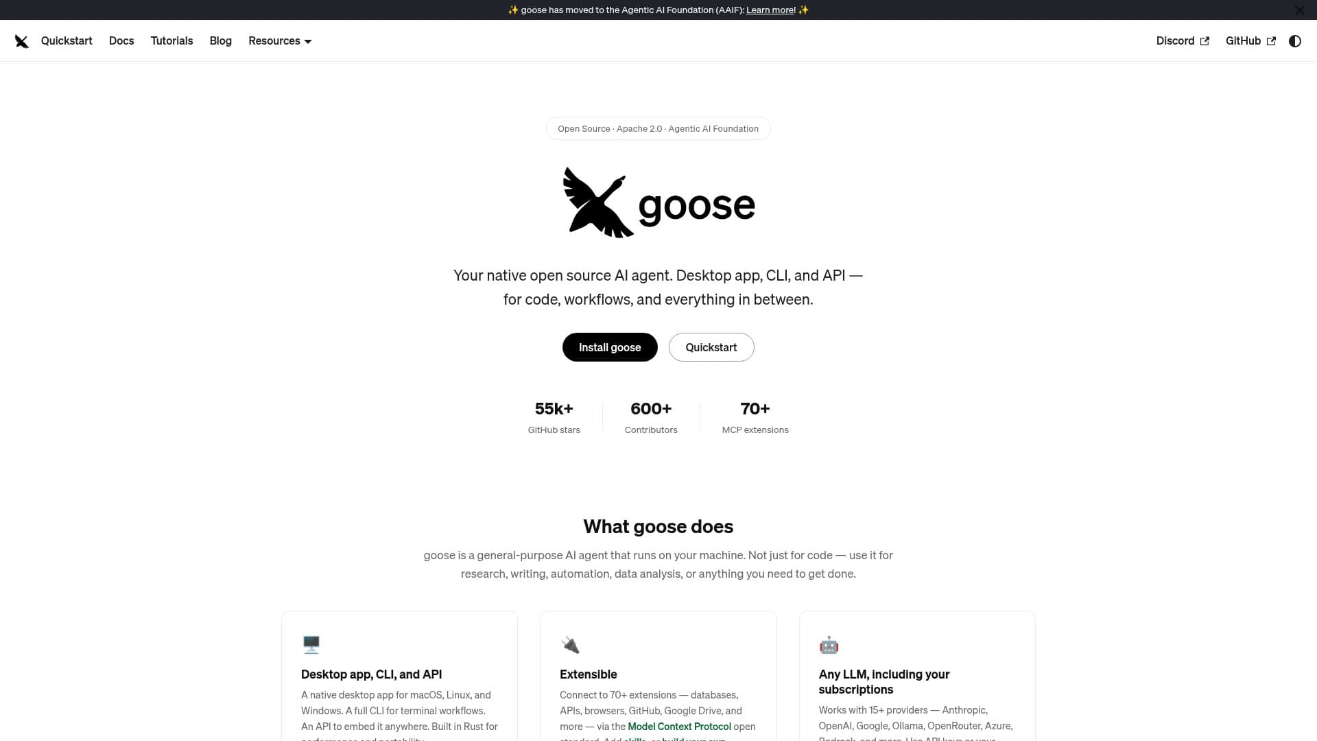 Screenshot of the goose website