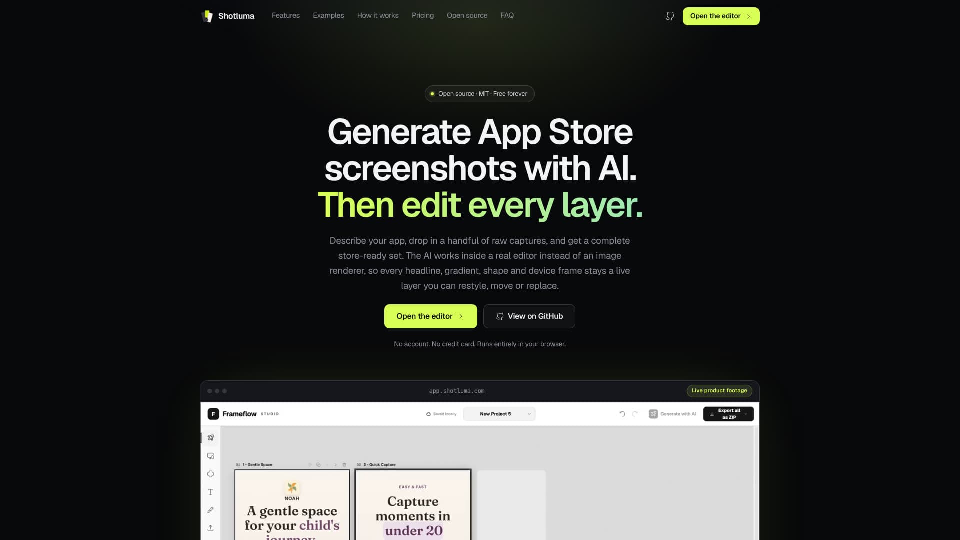 Screenshot of the Shotluma website