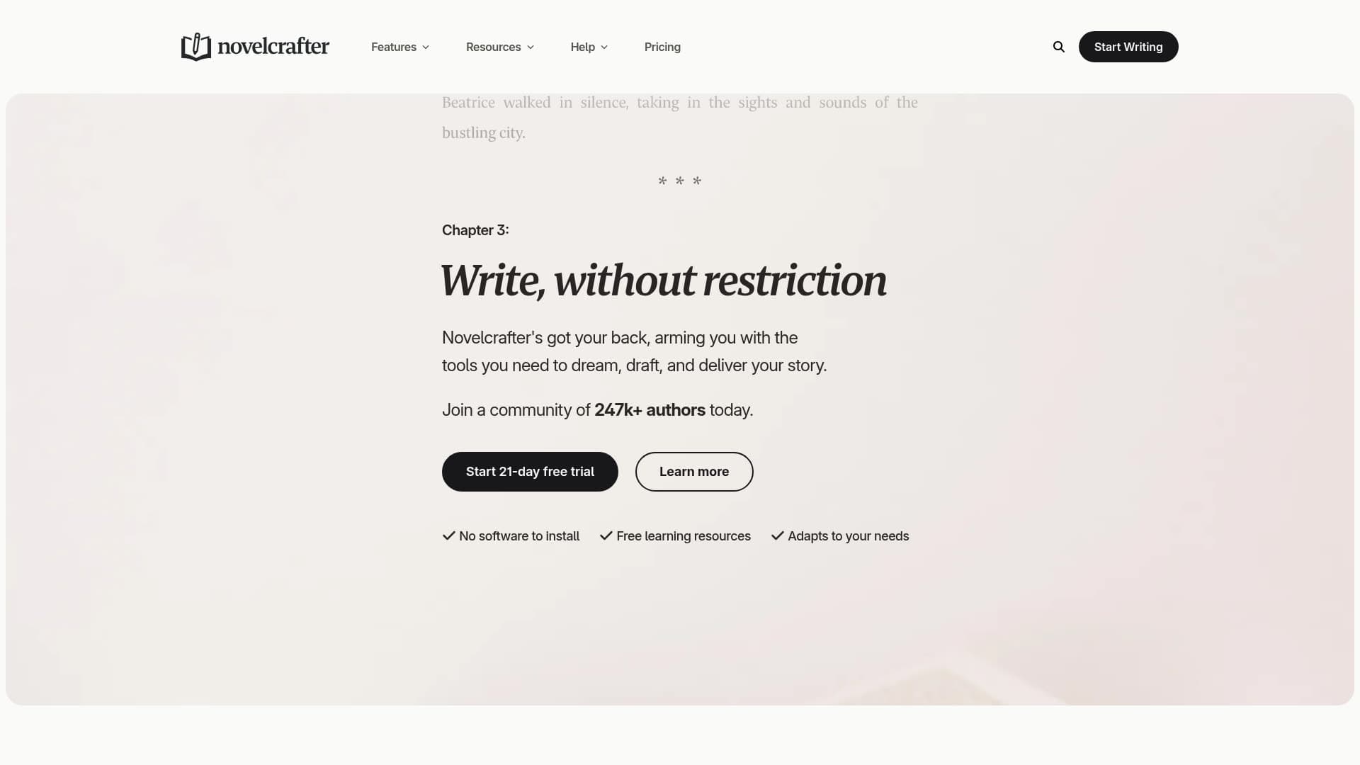 Screenshot of the Novelcrafter website