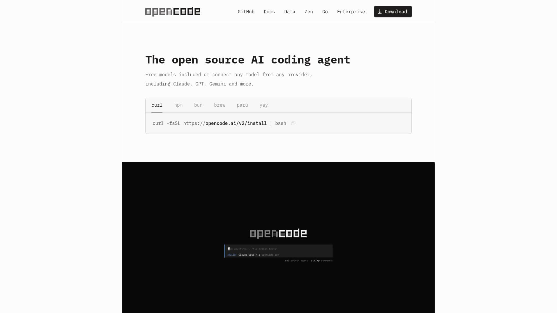 Screenshot of the OpenCode website