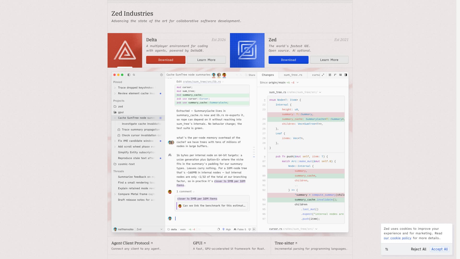 Screenshot of the Zed website